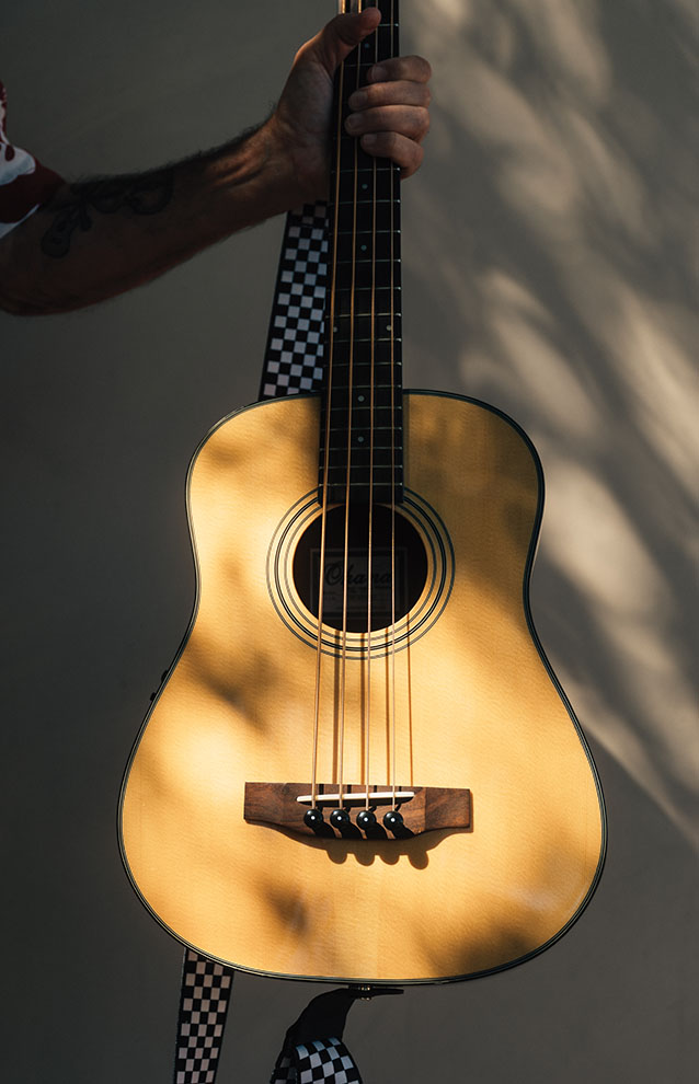 arm holding a guitar in the tree shadows against a grey wall.
